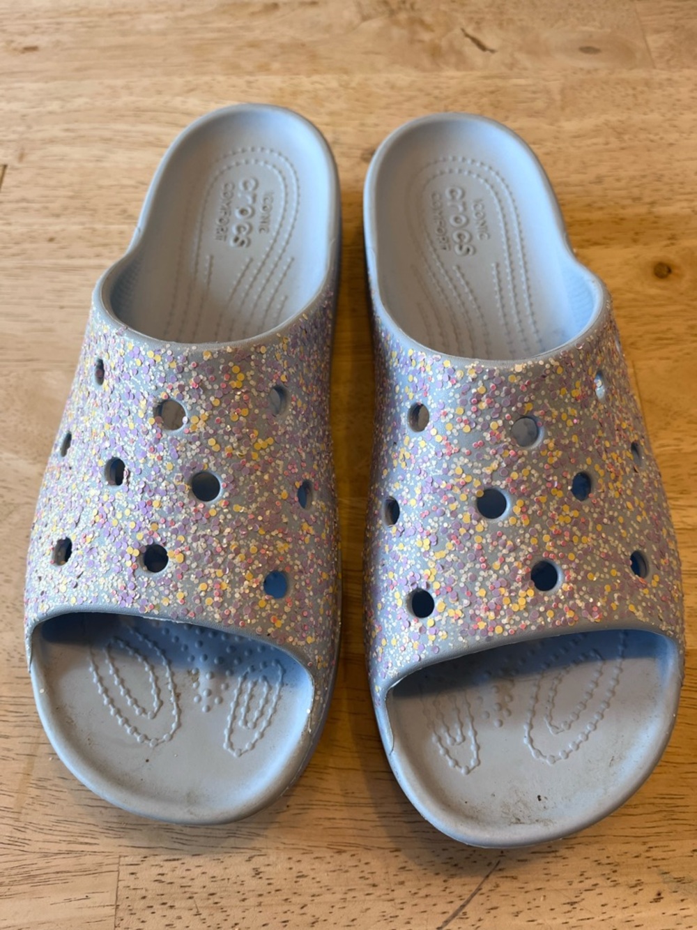 Crocs Glitter Slide Sandals in Light Blue
